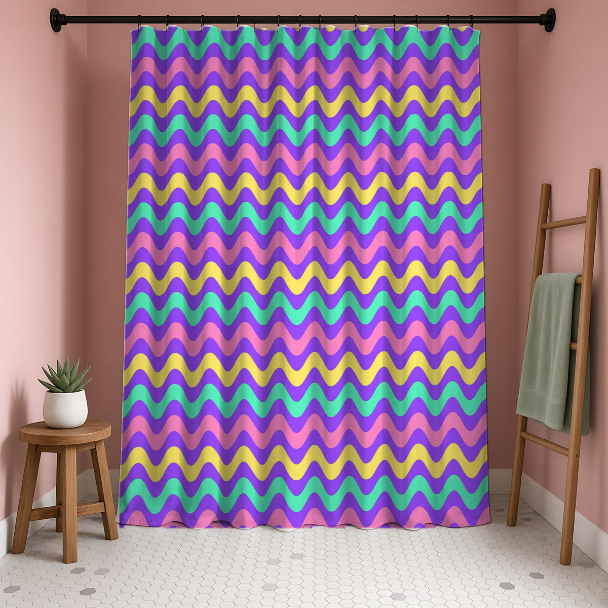 Big Ripple Chevrons Shower Curtain in a blush-pink bathroom