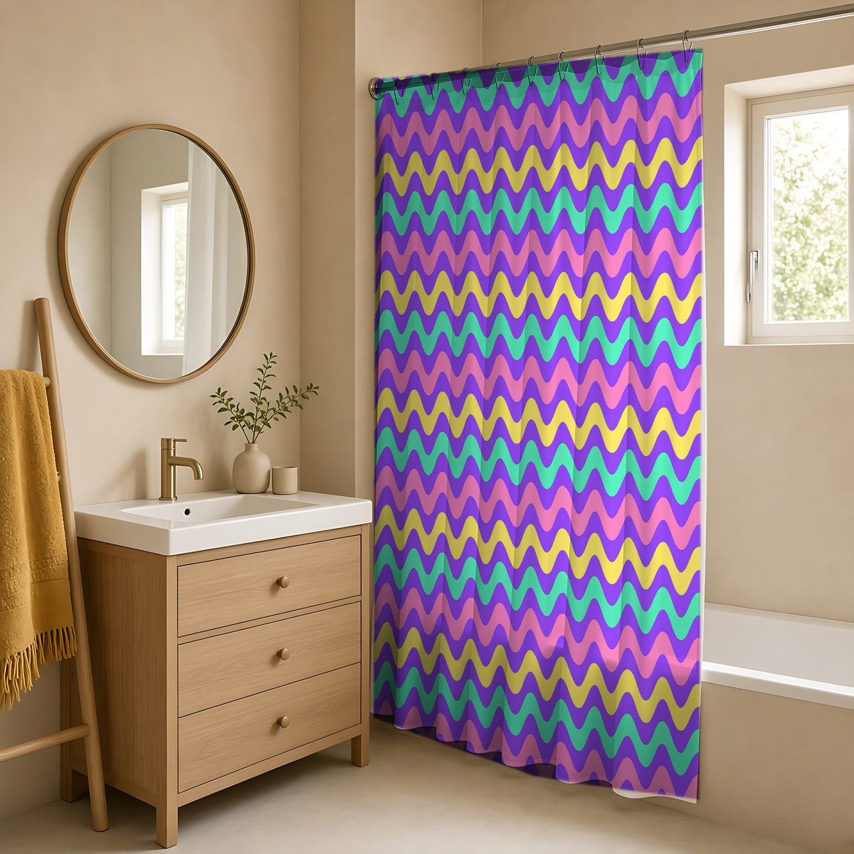 Big Ripple Chevrons Shower Curtain in a warm neutral bathroom with an oak vanity