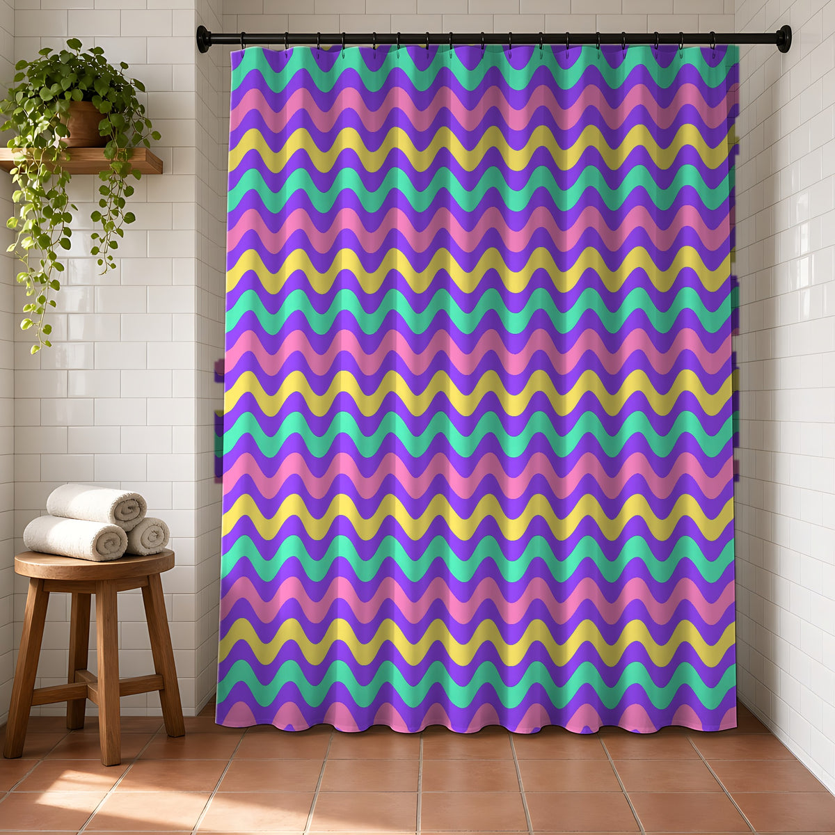 Big Ripple Chevrons Shower Curtain in a bright bathroom with white tiles and a terracotta floor