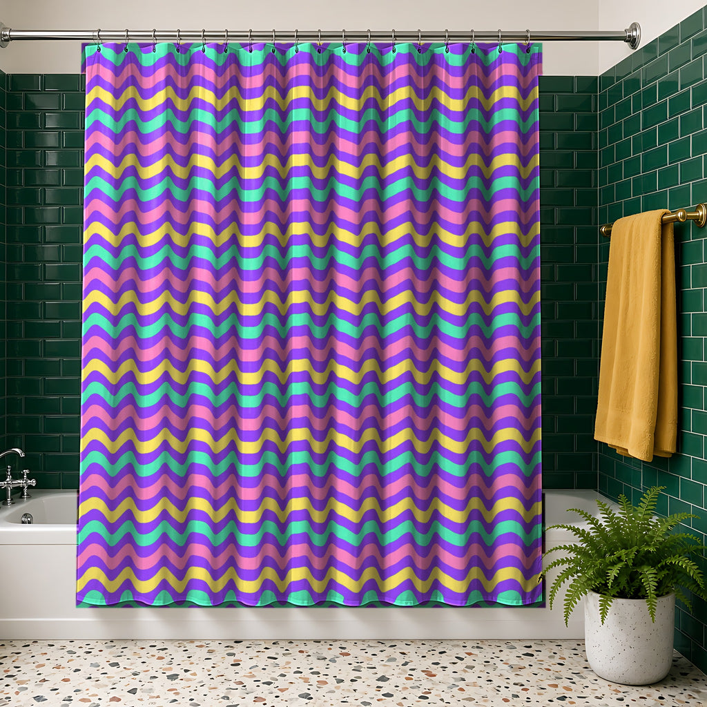 Big Ripple Chevrons Shower Curtain in the Candy Pastel on Grape palette, hanging in a bathroom with emerald tiles