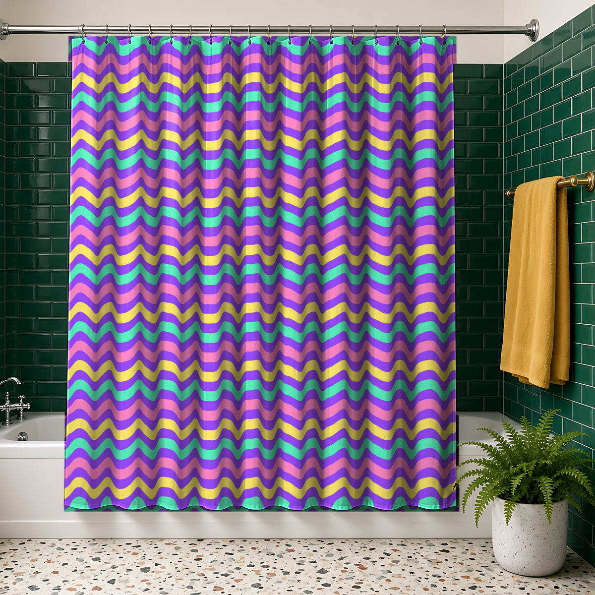 Big Ripple Chevrons Shower Curtain in the Candy Pastel on Grape palette, hanging in a bathroom with emerald tiles