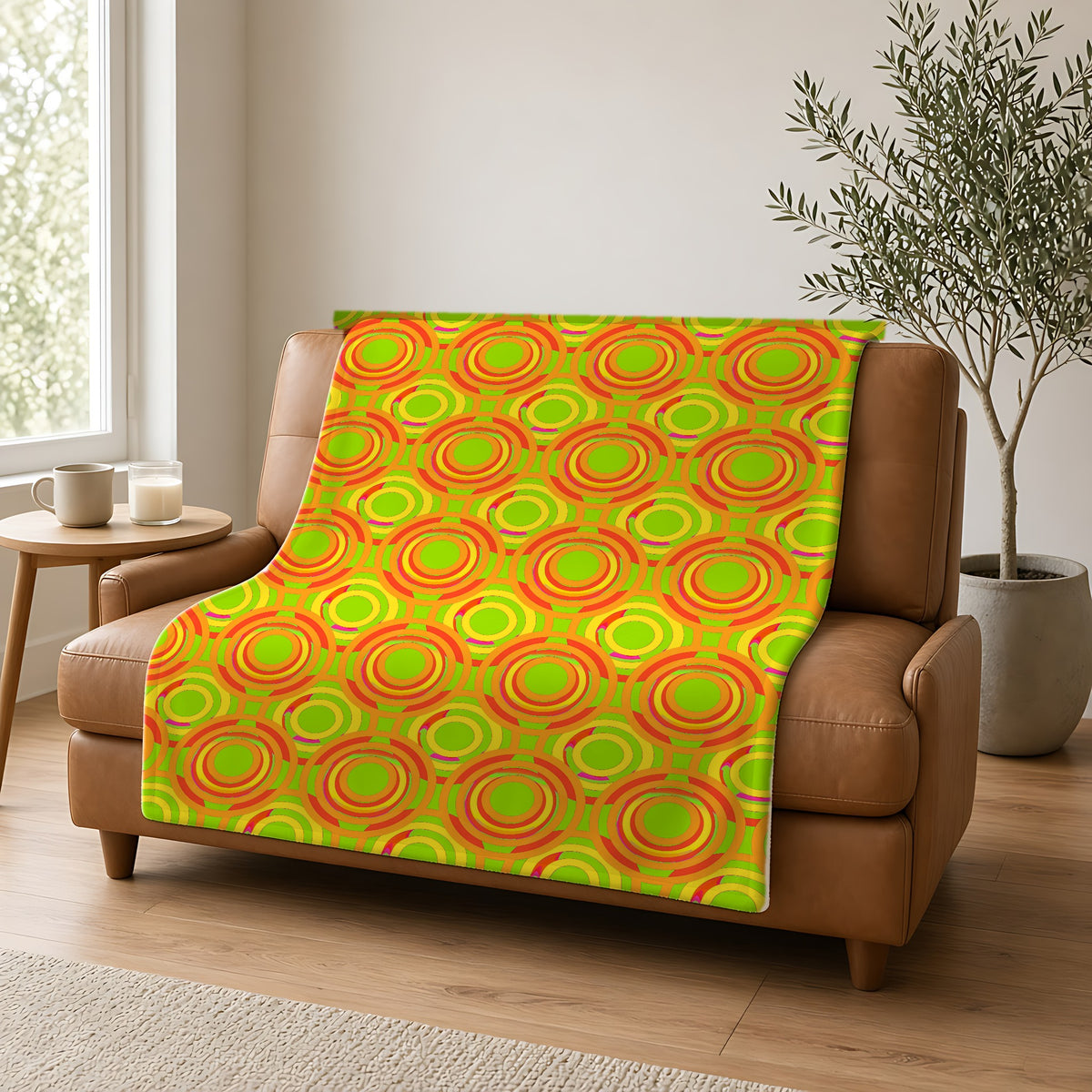 Interlocking Ring Ripples Sherpa Fleece Blanket draped over a caramel leather sofa