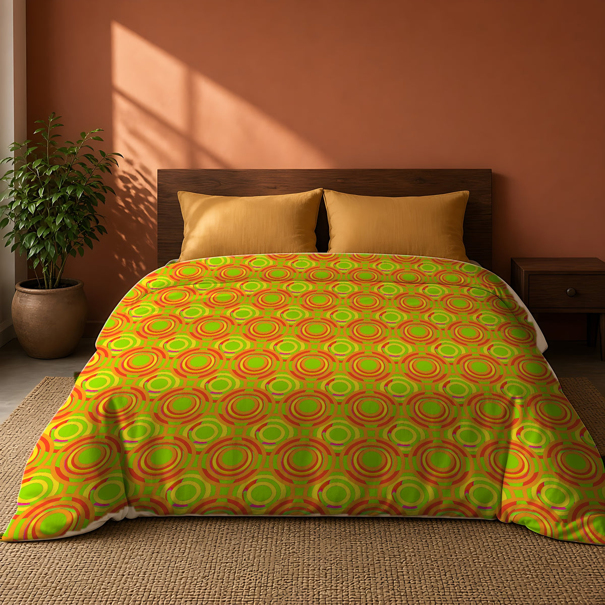 Interlocking Ring Ripples Cotton Duvet Cover on a king bed against a warm terracotta wall