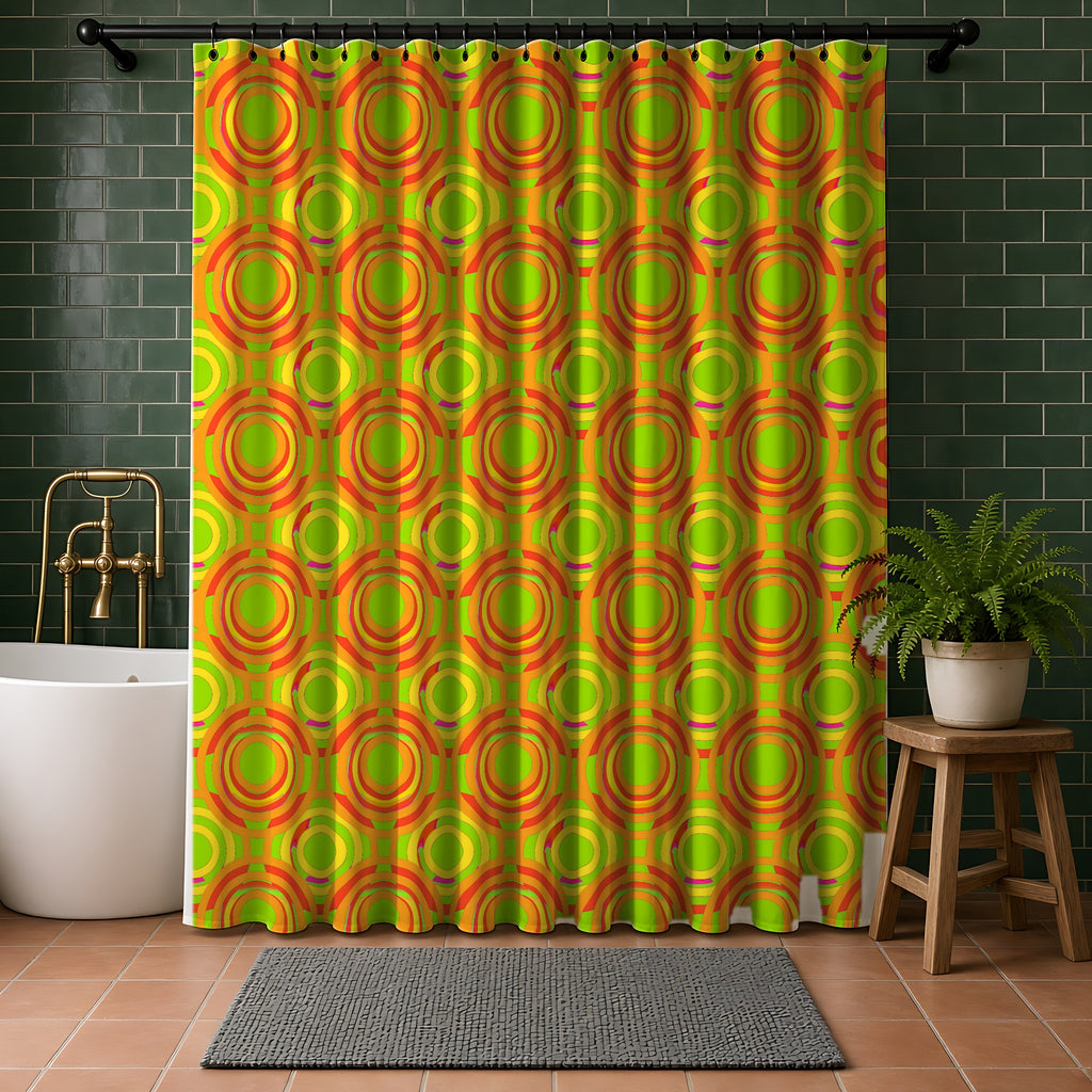 Interlocking Ring Ripples Shower Curtain in a bathroom with dark green tiles