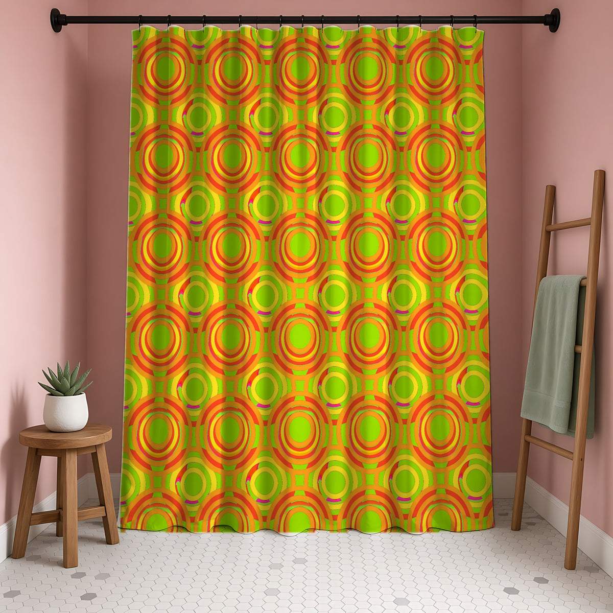 Interlocking Ring Ripples Shower Curtain in a blush-pink bathroom
