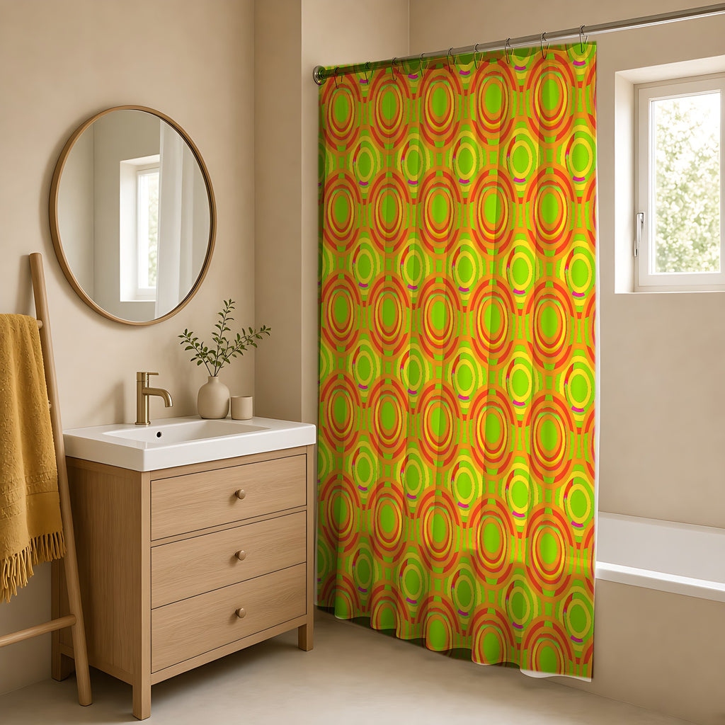 Interlocking Ring Ripples Shower Curtain in a warm neutral bathroom with an oak vanity