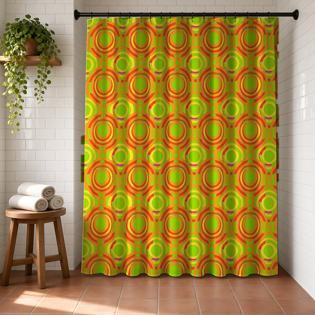 Interlocking Ring Ripples Shower Curtain in a bright bathroom with white tiles and a terracotta floor