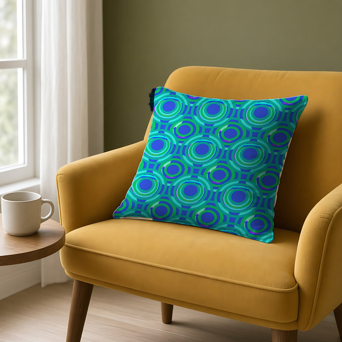 Interlocking Ring Ripples Faux Suede Cushion on a mustard armchair by a window