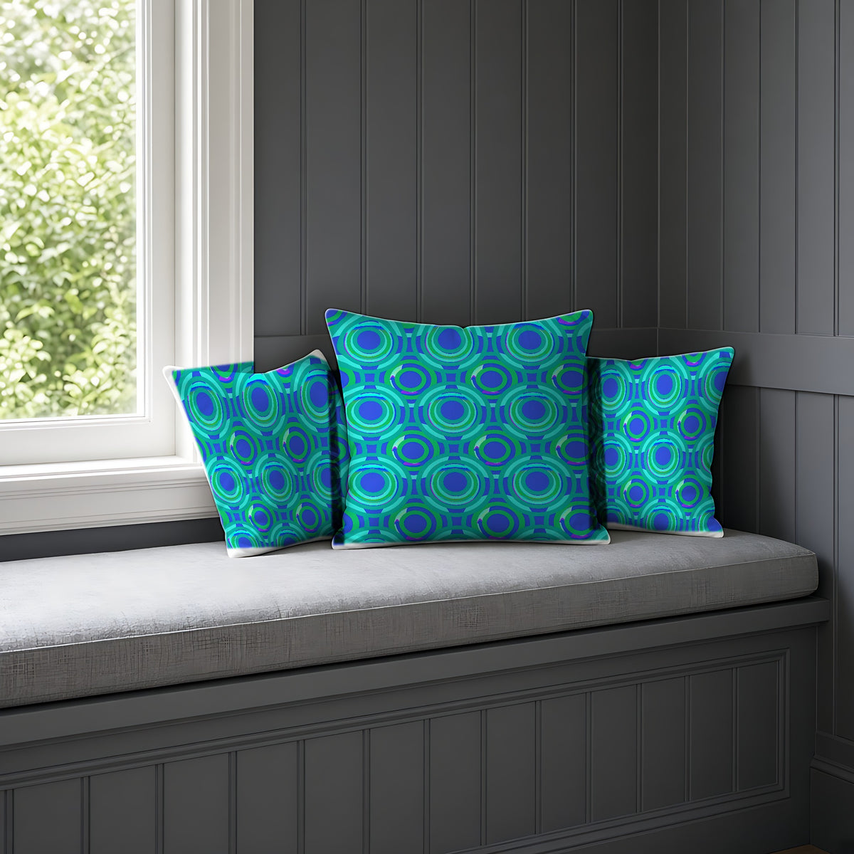 Interlocking Ring Ripples Faux Suede Cushion on a window seat