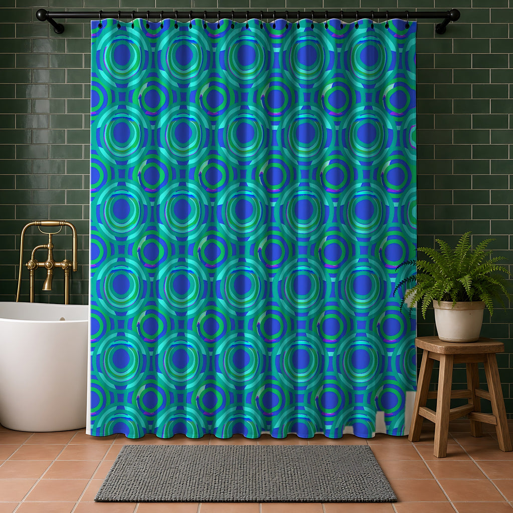 Interlocking Ring Ripples Shower Curtain in a bathroom with dark green tiles