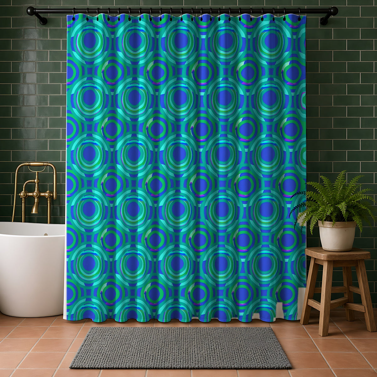 Interlocking Ring Ripples Shower Curtain in a bathroom with dark green tiles