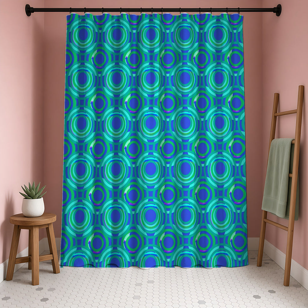 Interlocking Ring Ripples Shower Curtain in a blush-pink bathroom