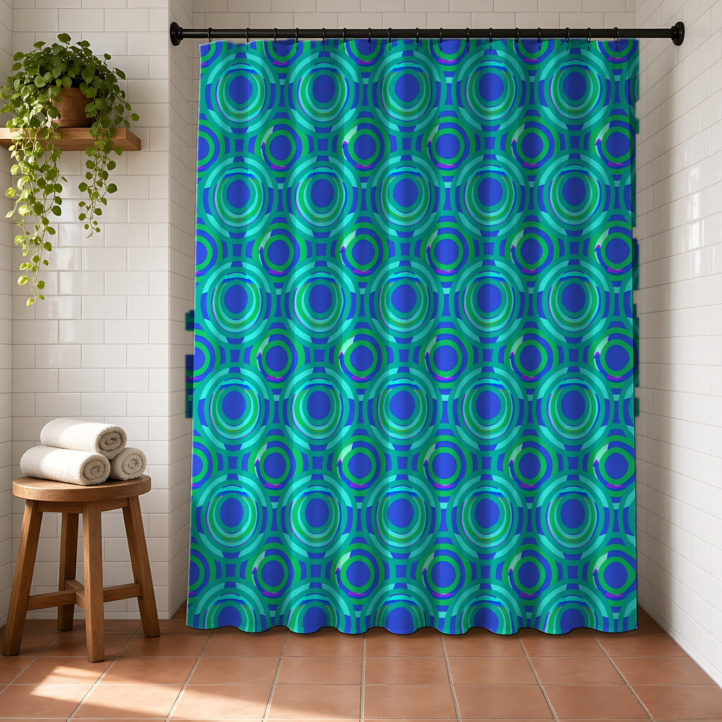Interlocking Ring Ripples Shower Curtain in a bright bathroom with white tiles and a terracotta floor