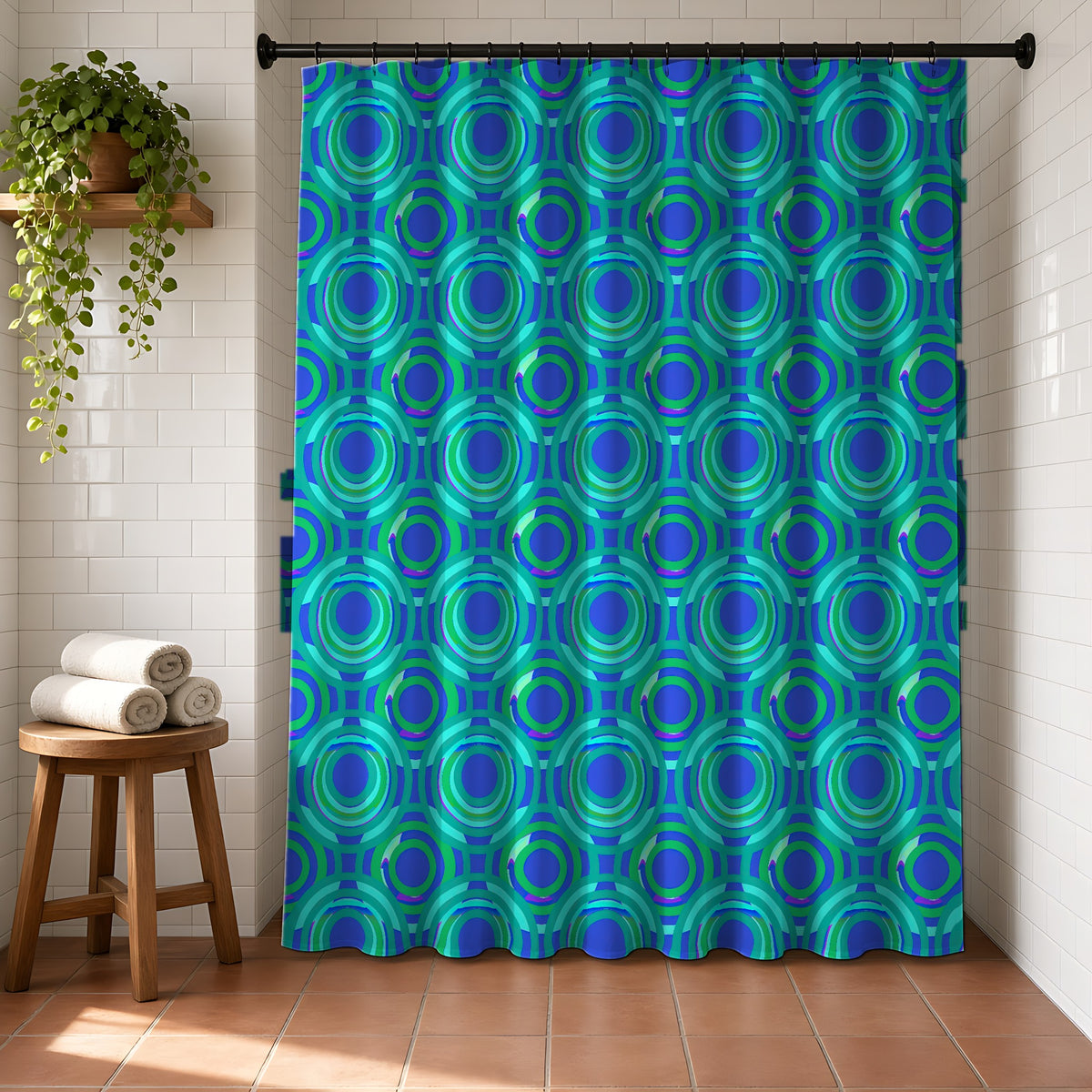 Interlocking Ring Ripples Shower Curtain in a bright bathroom with white tiles and a terracotta floor