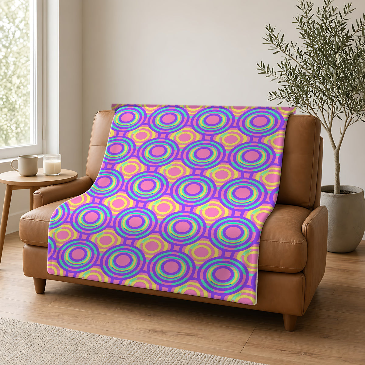 Interlocking Ring Ripples Sherpa Fleece Blanket draped over a caramel leather sofa