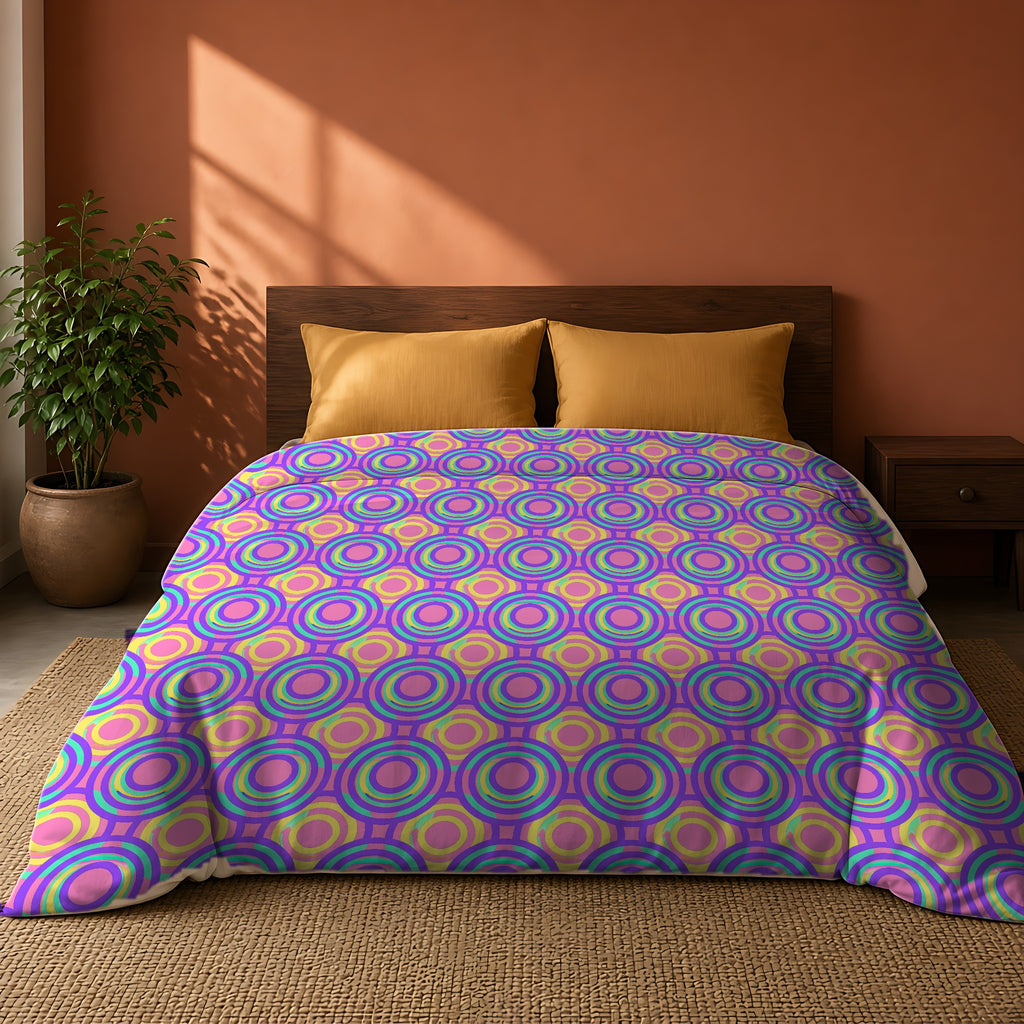 Interlocking Ring Ripples Comforter on a king bed against a warm terracotta wall