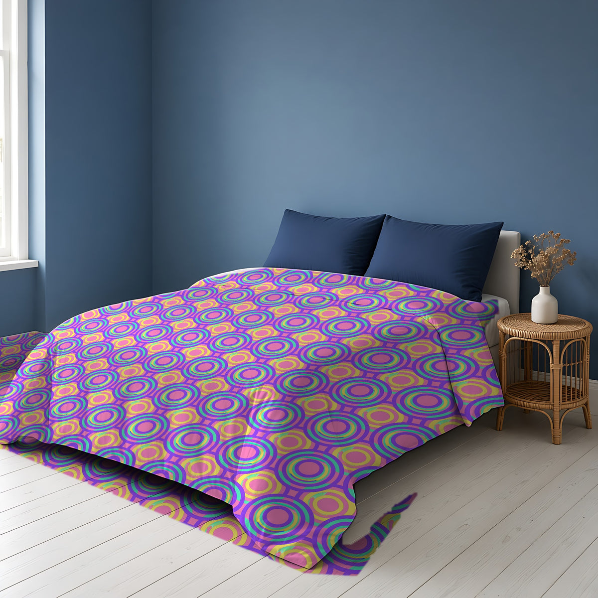 Interlocking Ring Ripples Comforter on a bed in a Scandinavian blue bedroom