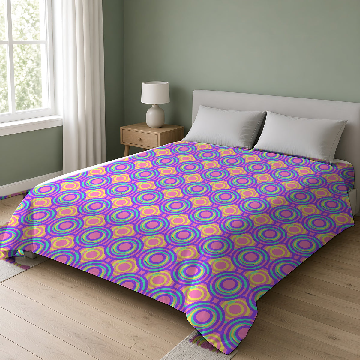 Interlocking Ring Ripples Comforter on a double bed in a bright sage-green bedroom