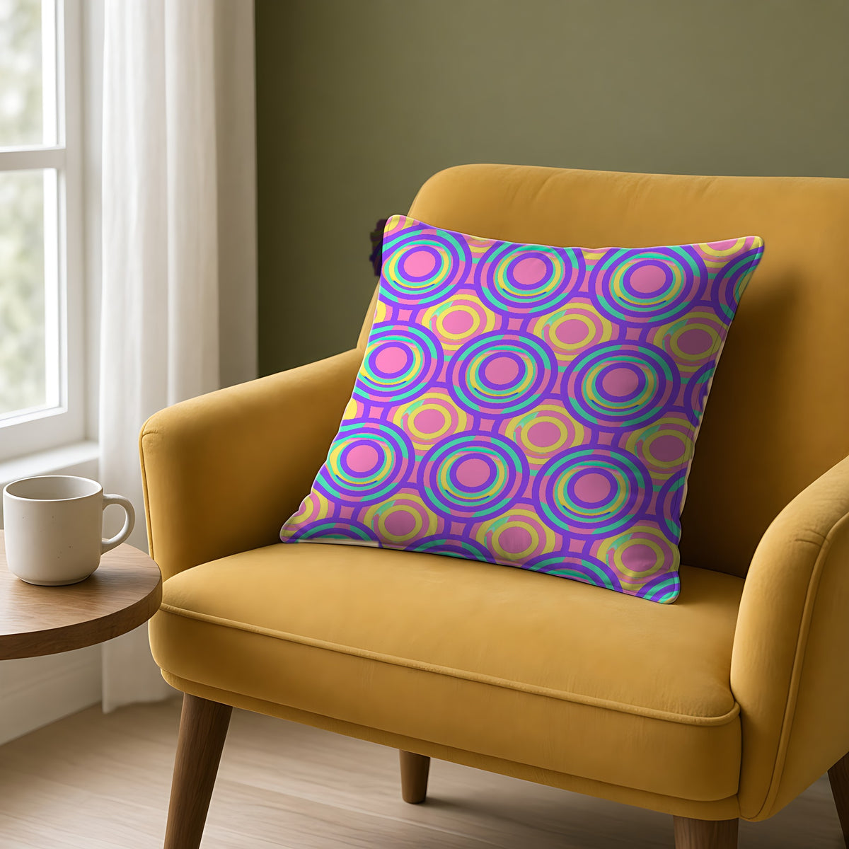 Interlocking Ring Ripples Faux Suede Cushion on a mustard armchair by a window