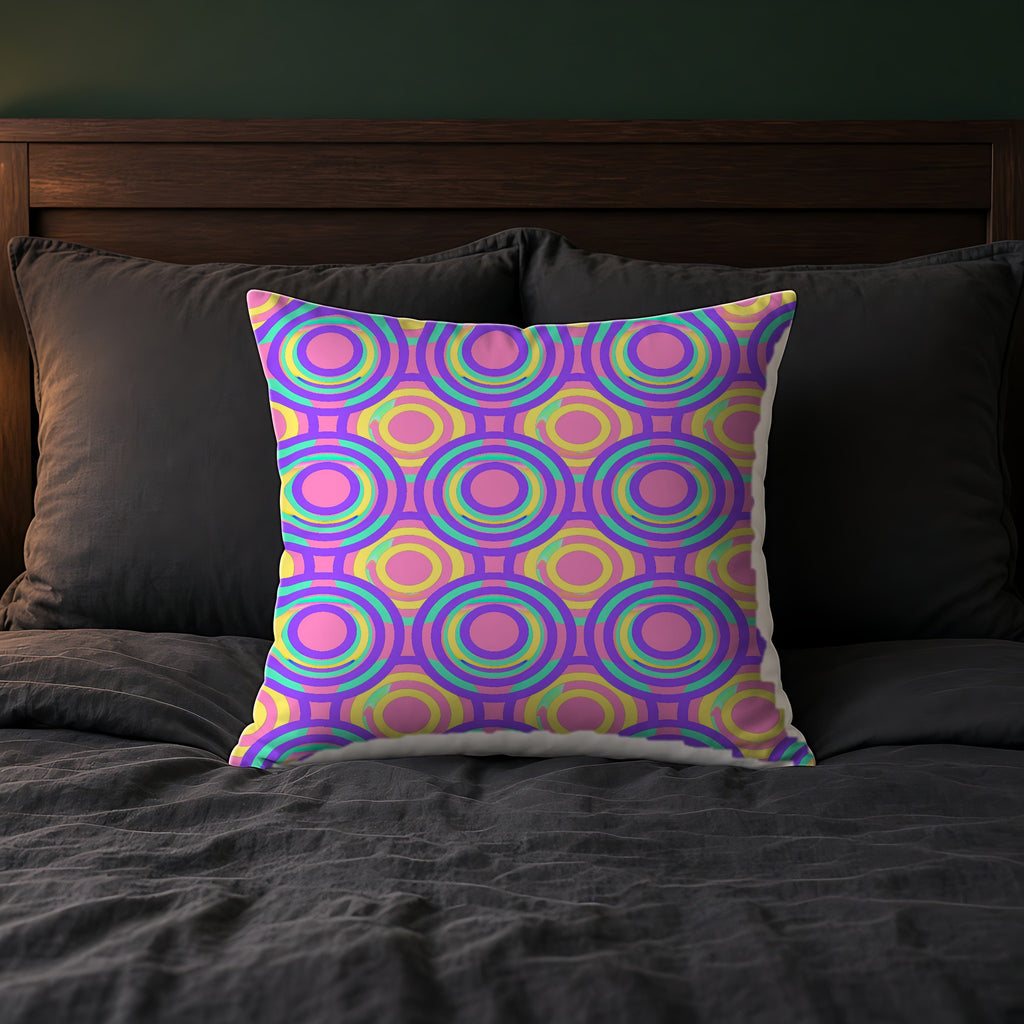 Interlocking Ring Ripples Faux Suede Cushion on a bed with charcoal bedding