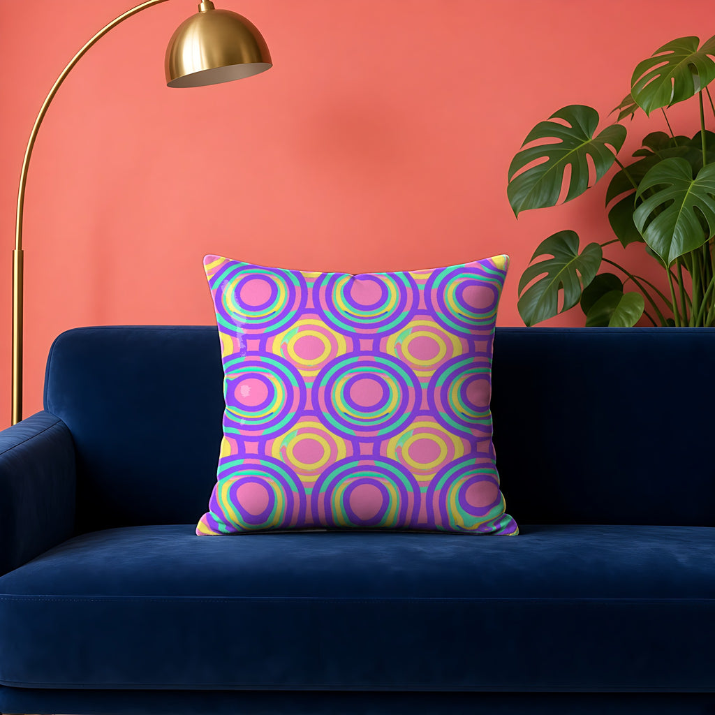 Interlocking Ring Ripples Faux Suede Cushion in the Candy Pastel on Grape palette, on a navy velvet sofa against a coral wall