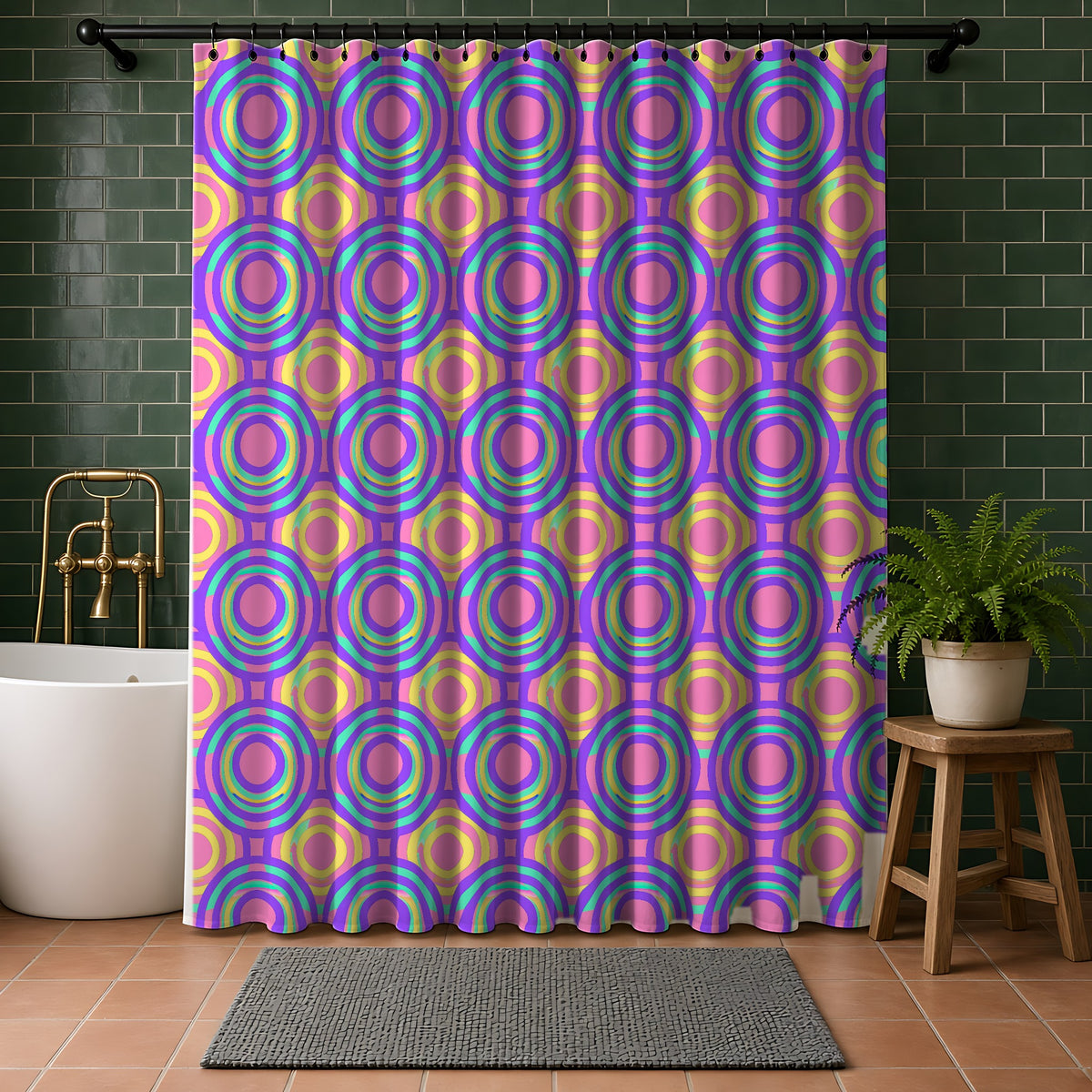 Interlocking Ring Ripples Shower Curtain in a bathroom with dark green tiles