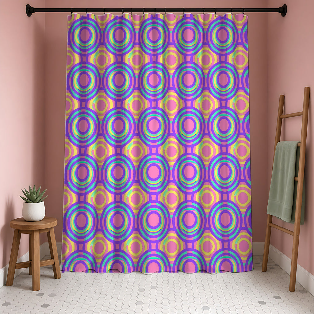 Interlocking Ring Ripples Shower Curtain in a blush-pink bathroom