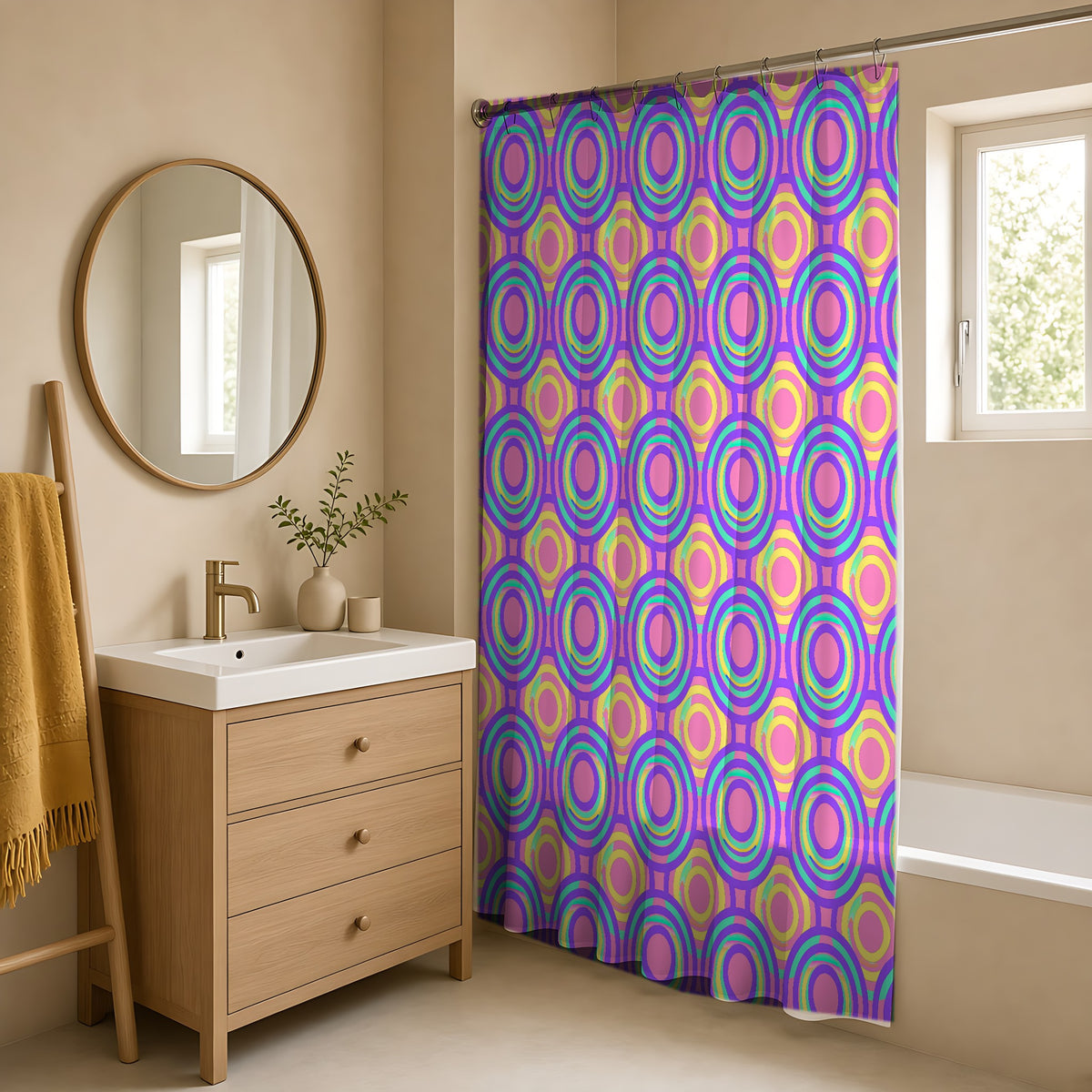 Interlocking Ring Ripples Shower Curtain in a warm neutral bathroom with an oak vanity