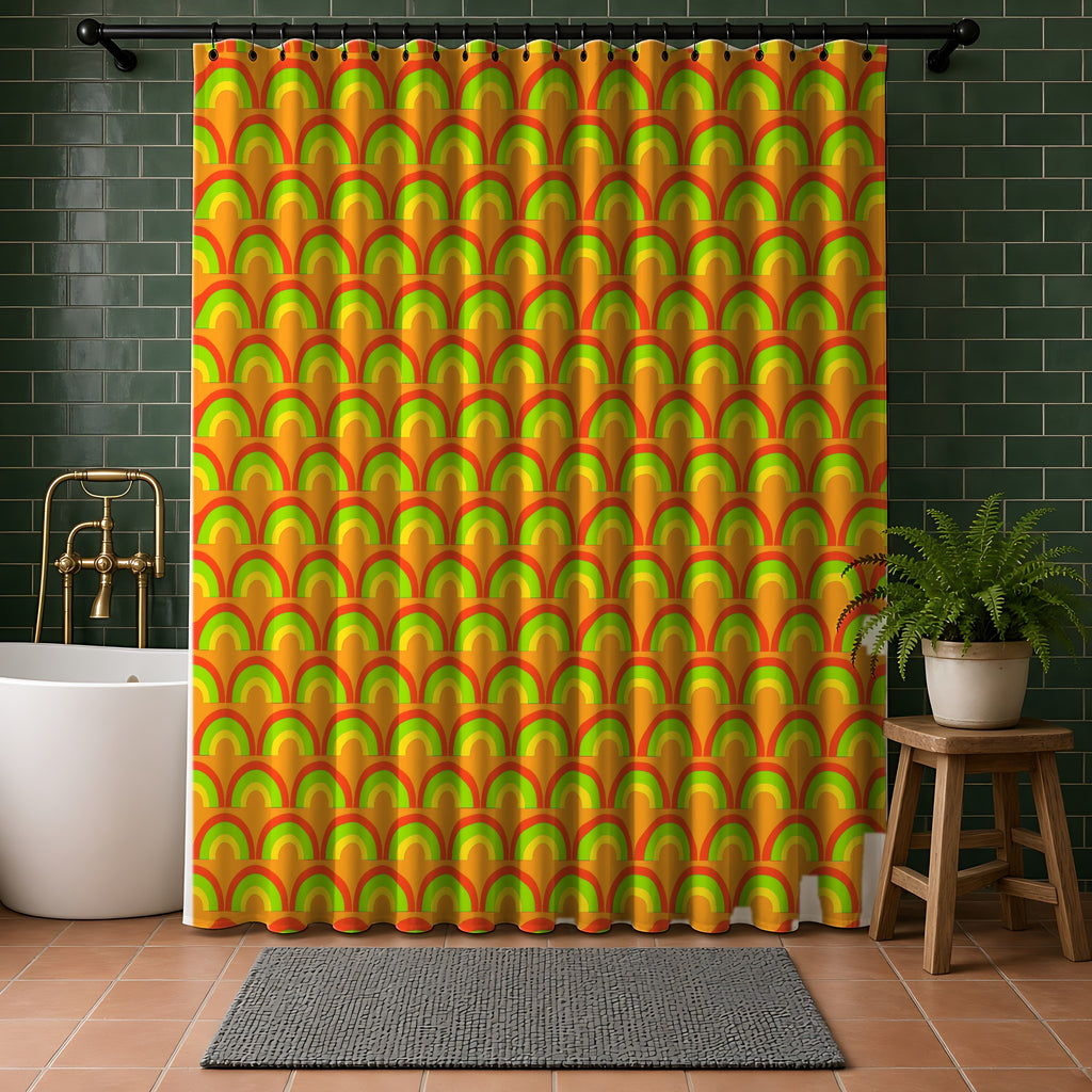 Chromatic Scallop Ripple Shower Curtain in a bathroom with dark green tiles