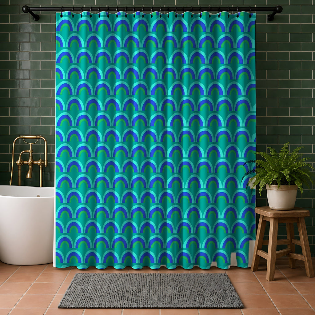 Chromatic Scallop Ripple Shower Curtain in a bathroom with dark green tiles