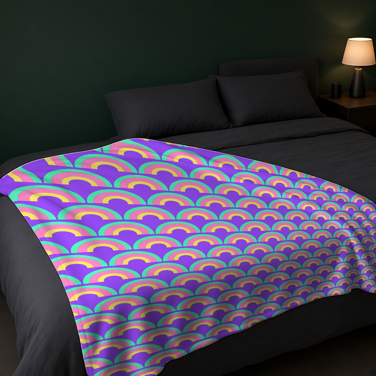 Chromatic Scallop Ripple Sherpa Fleece Blanket across the foot of a dark bed