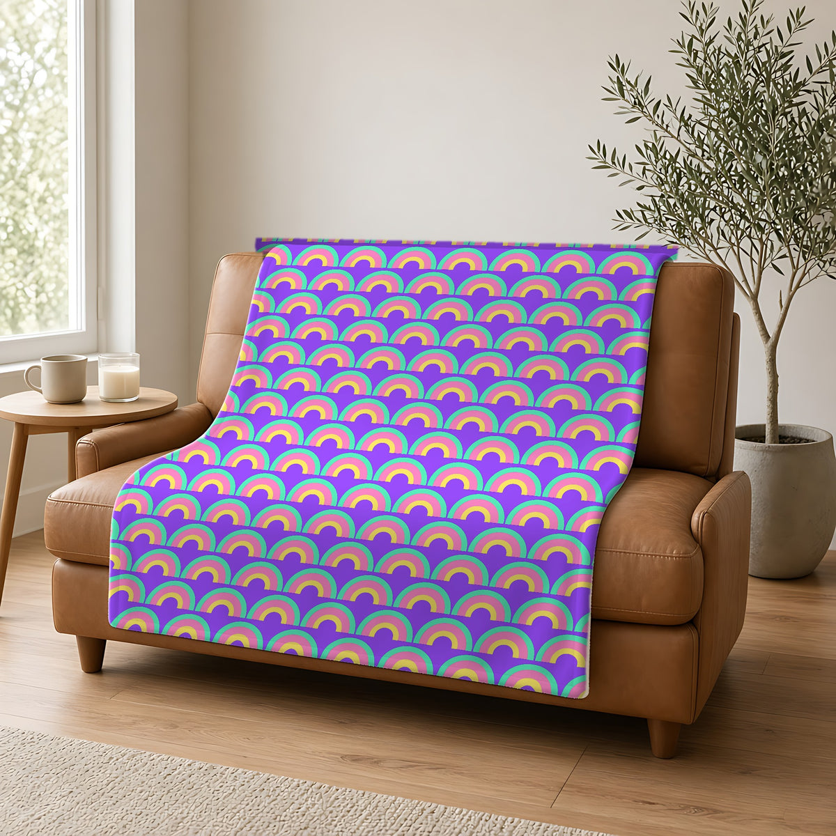 Chromatic Scallop Ripple Sherpa Fleece Blanket draped over a caramel leather sofa