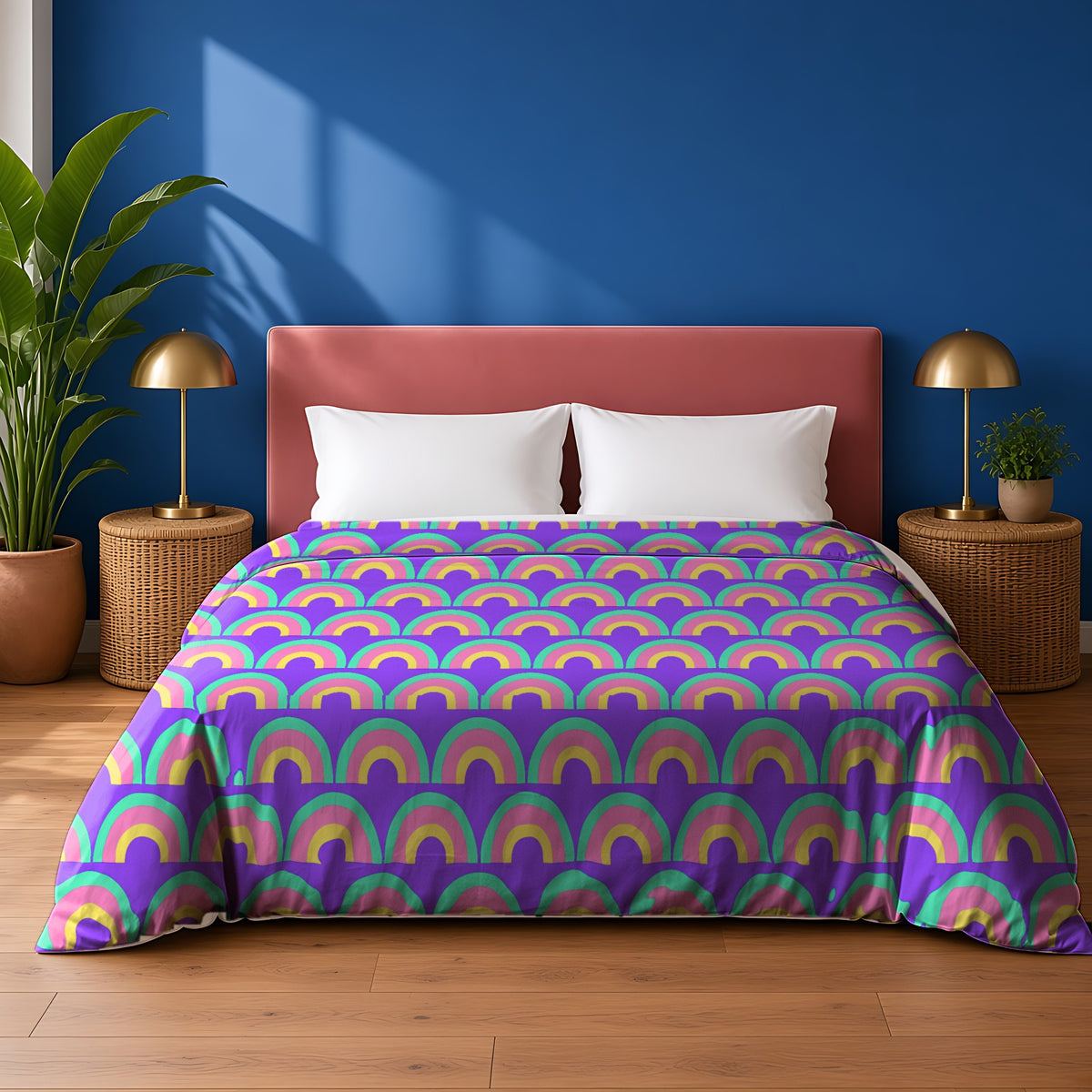 Chromatic Scallop Ripple Cotton Duvet Cover in the Candy Pastel on Grape palette, on a bed with a dusty-pink headboard against a cobalt wall