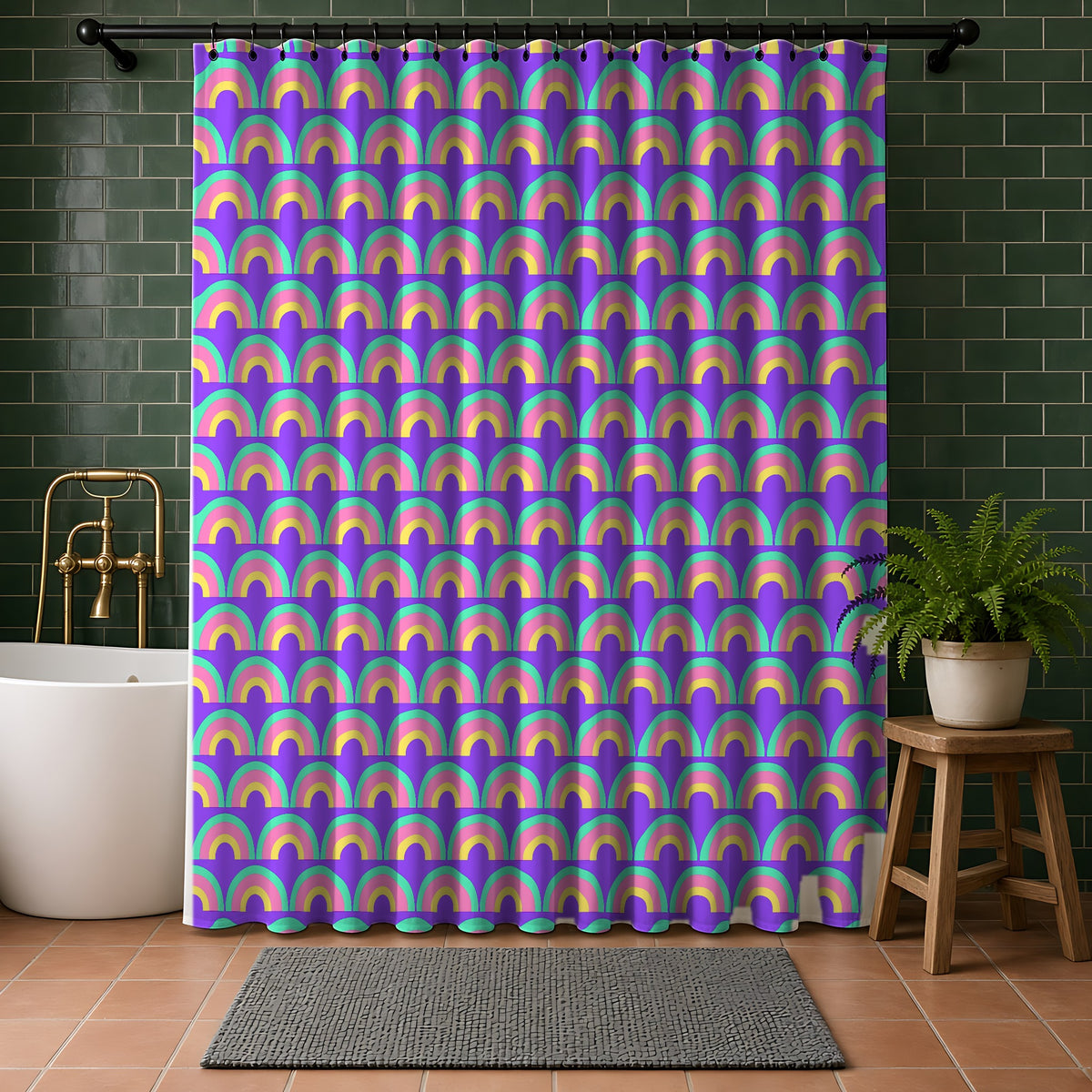Chromatic Scallop Ripple Shower Curtain in a bathroom with dark green tiles