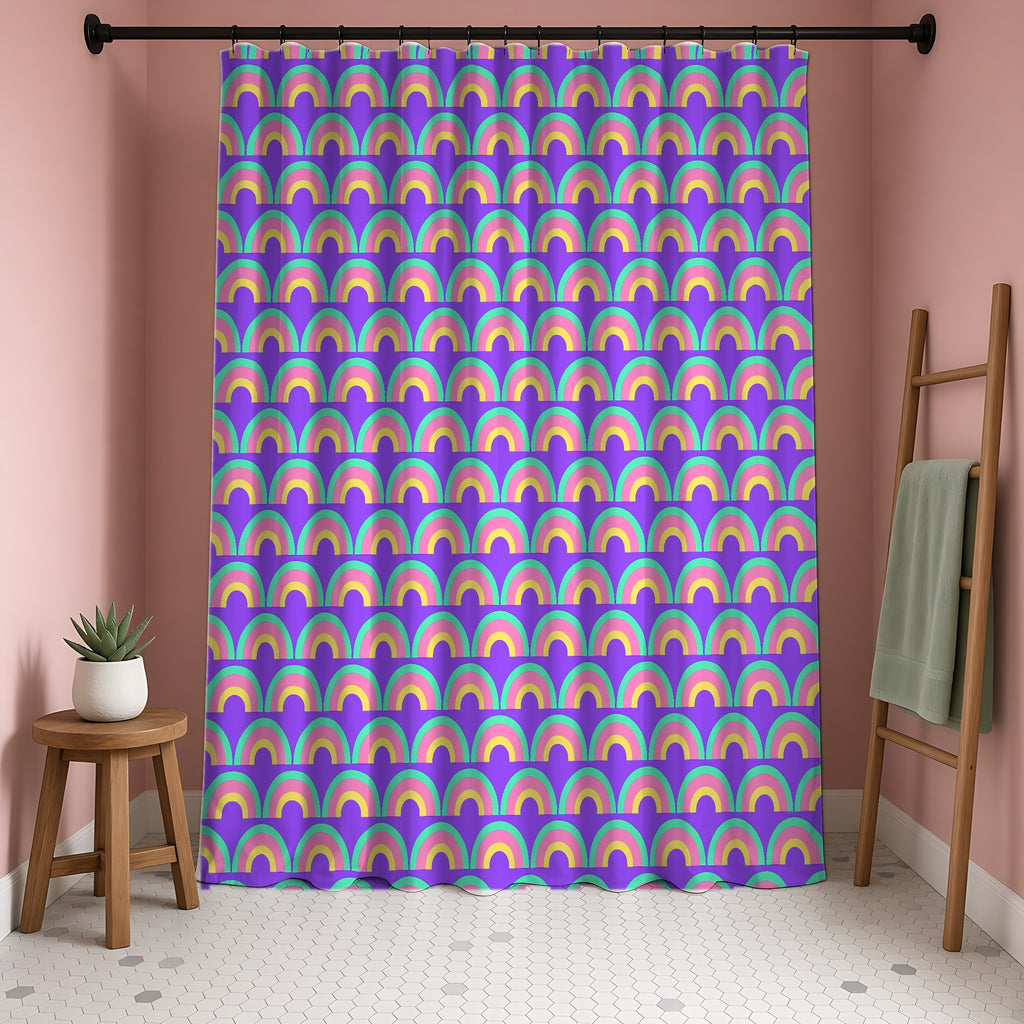 Chromatic Scallop Ripple Shower Curtain in a blush-pink bathroom