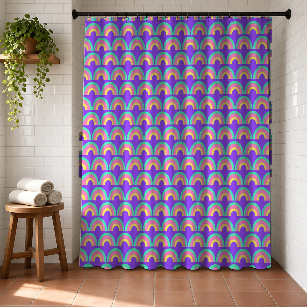 Chromatic Scallop Ripple Shower Curtain in a bright bathroom with white tiles and a terracotta floor
