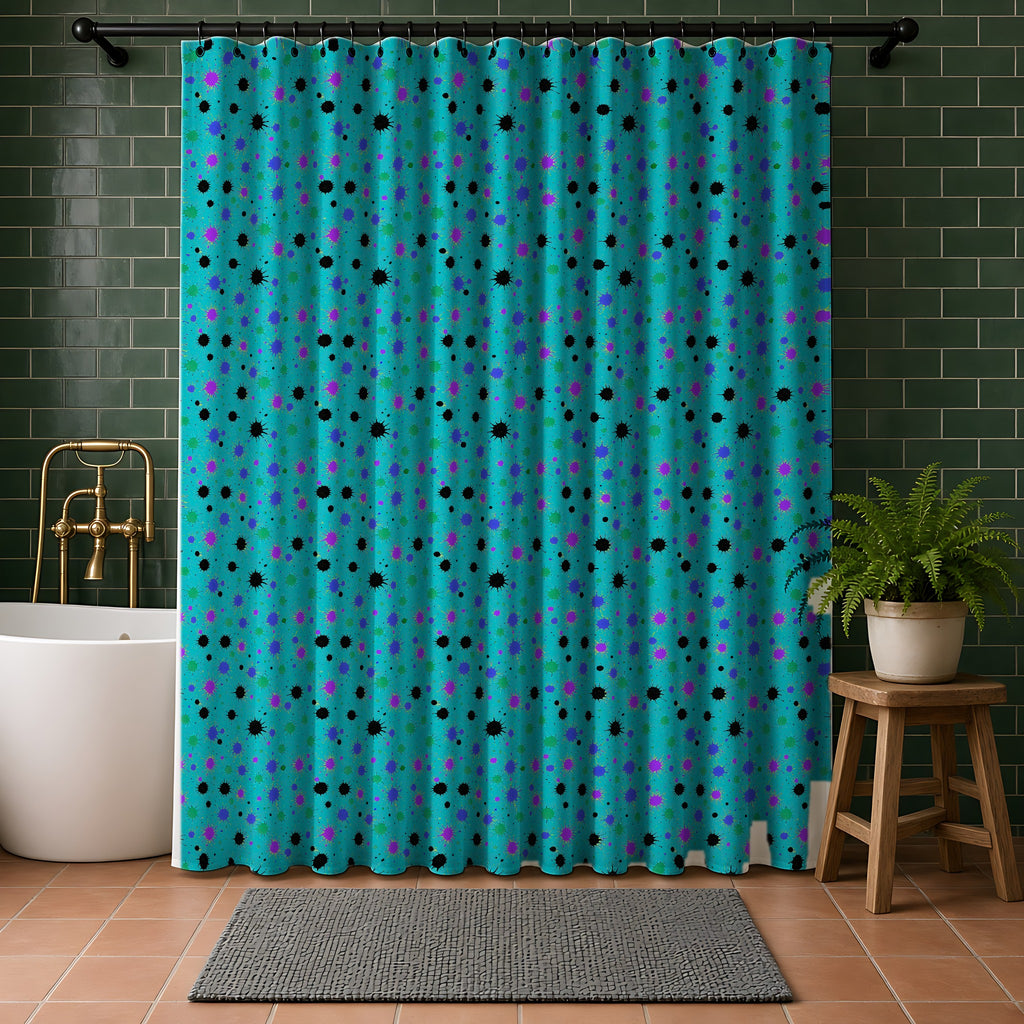 Splat Storm Shower Curtain in a bathroom with dark green tiles