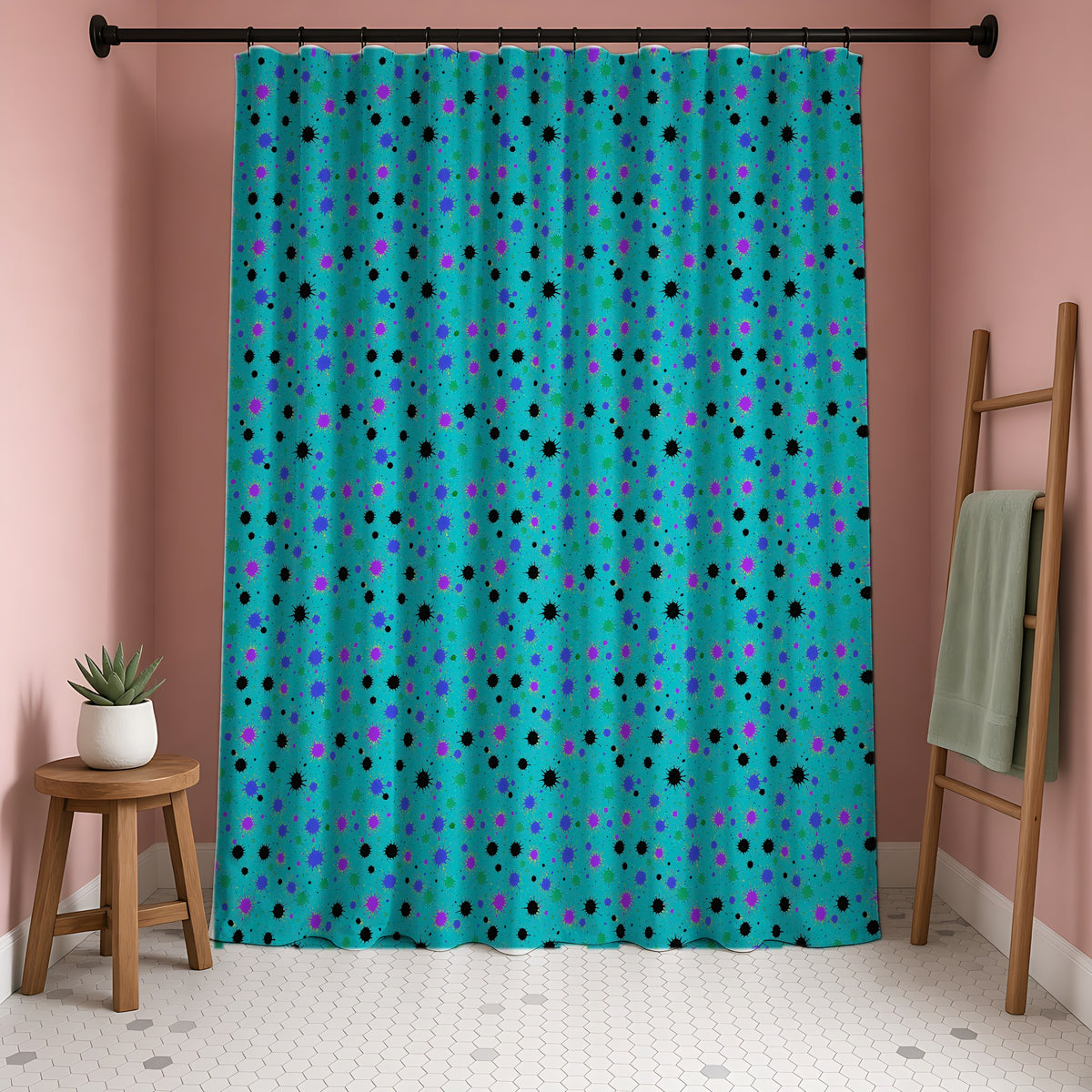 Splat Storm Shower Curtain in a blush-pink bathroom