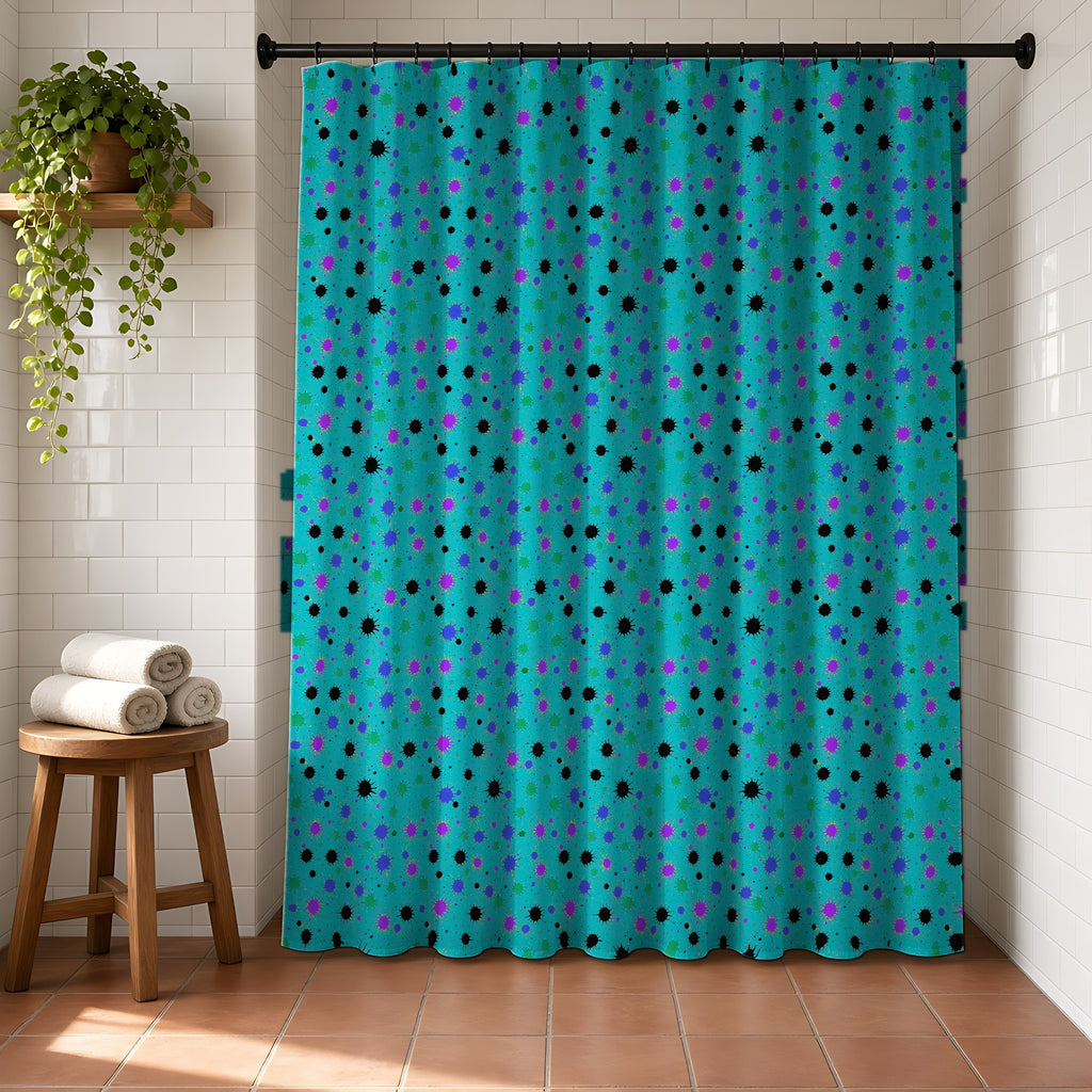 Splat Storm Shower Curtain in a bright bathroom with white tiles and a terracotta floor