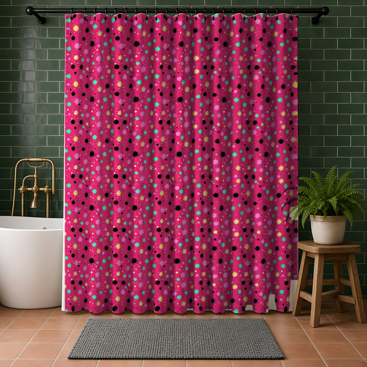 Splat Storm Shower Curtain in a bathroom with dark green tiles