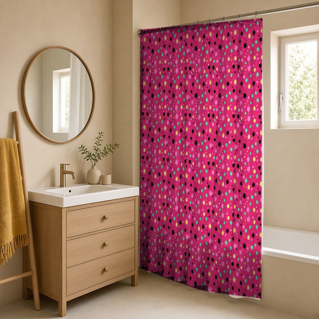 Splat Storm Shower Curtain in a warm neutral bathroom with an oak vanity