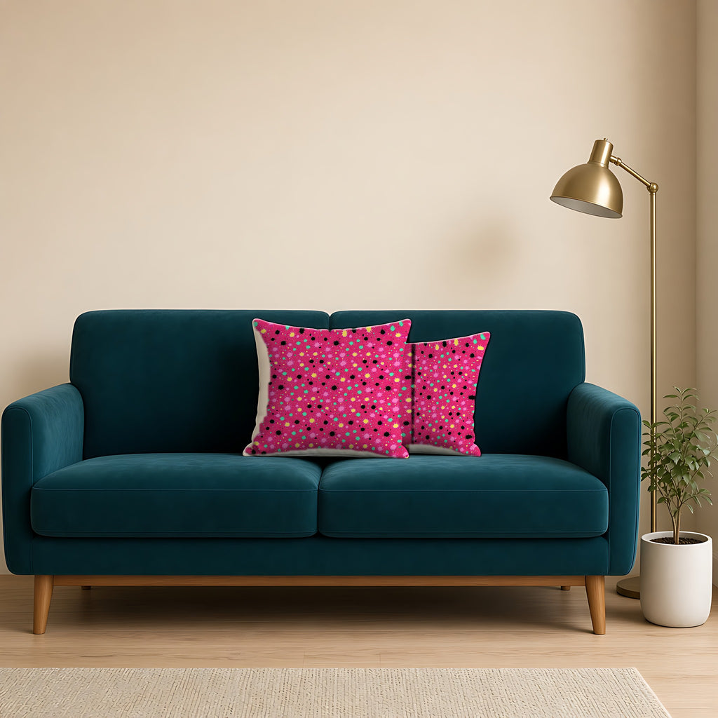 Splat Storm Faux Suede Cushion on a teal velvet sofa