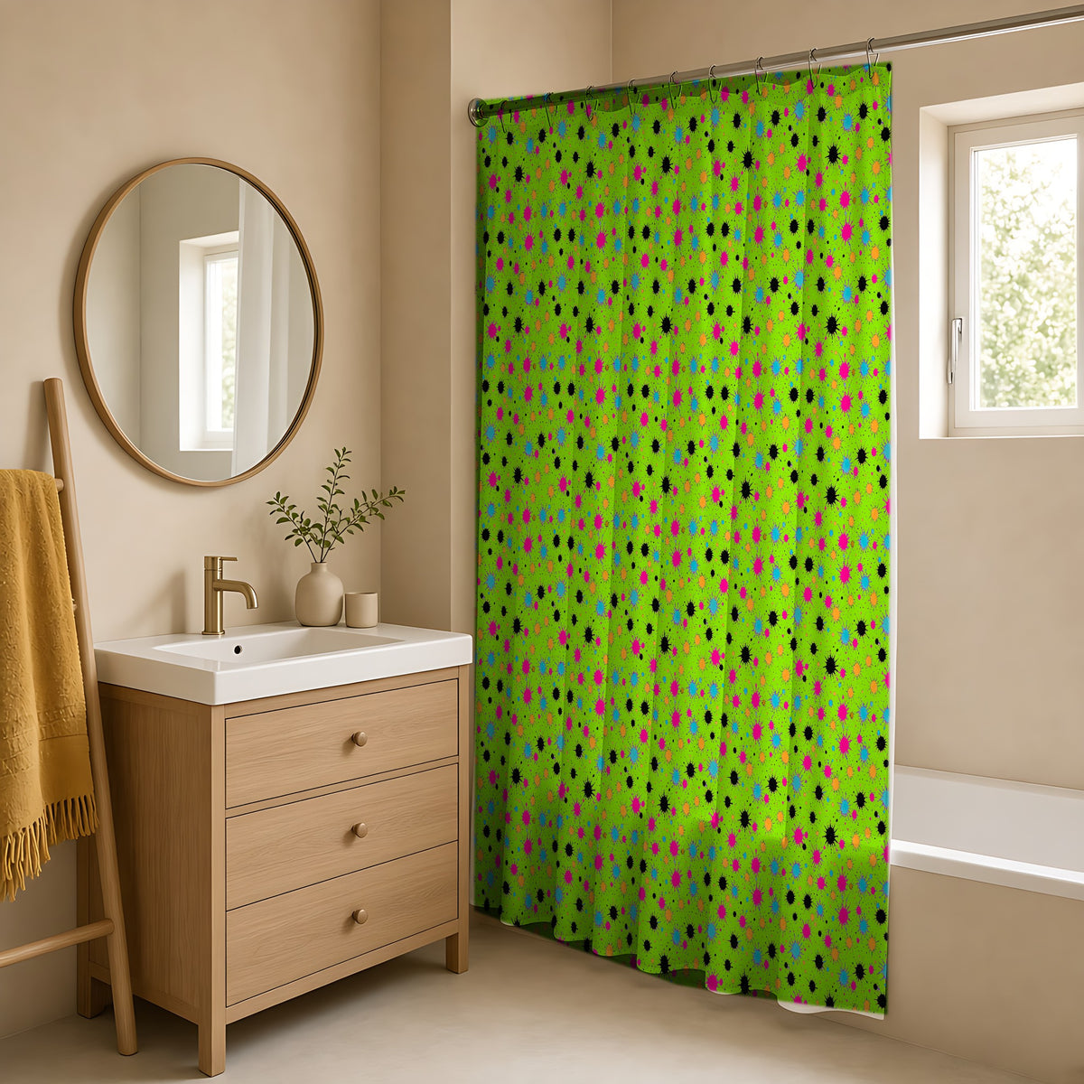 Splat Storm Shower Curtain in a warm neutral bathroom with an oak vanity