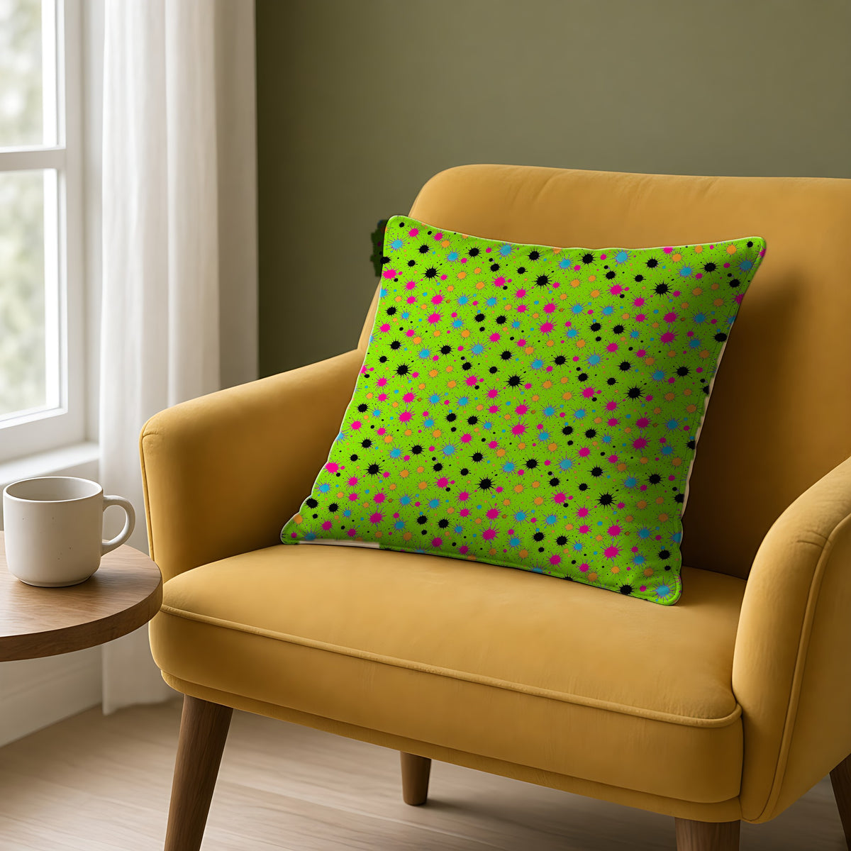 Splat Storm Faux Suede Cushion on a mustard armchair by a window