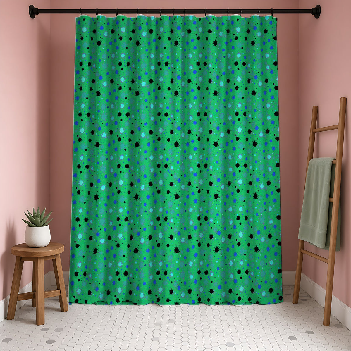 Splat Storm Shower Curtain in a blush-pink bathroom