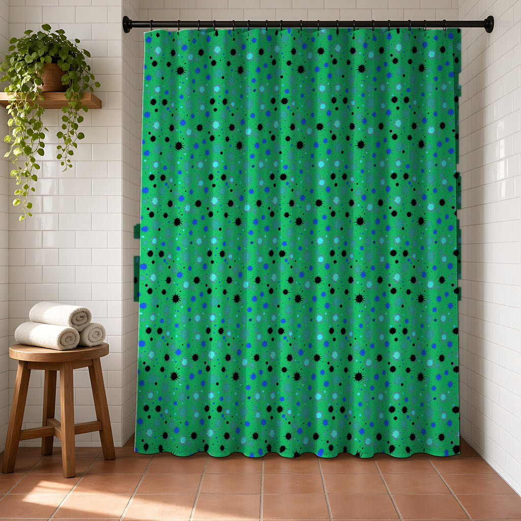 Splat Storm Shower Curtain in a bright bathroom with white tiles and a terracotta floor