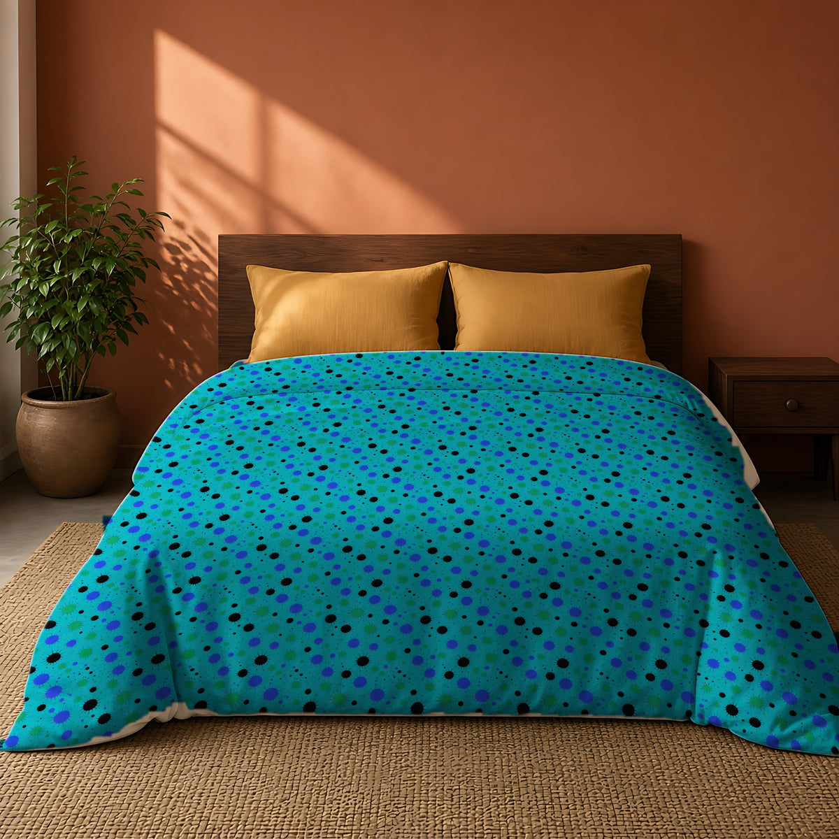 Blot Burst Cotton Duvet Cover on a king bed against a warm terracotta wall