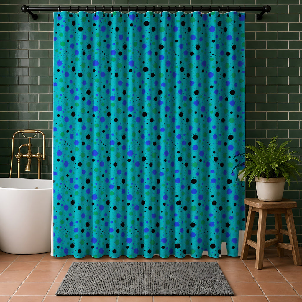 Blot Burst Shower Curtain in a bathroom with dark green tiles