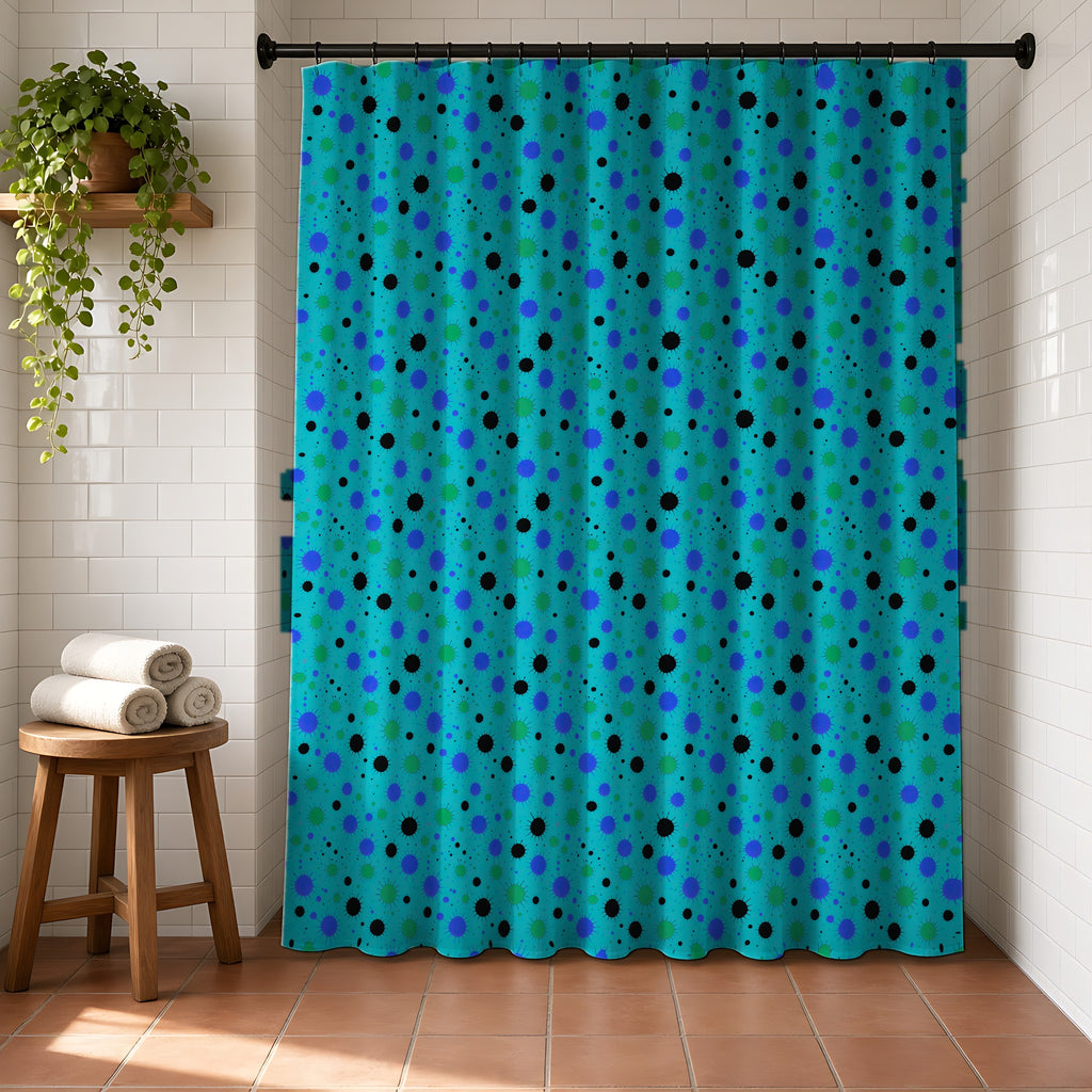 Blot Burst Shower Curtain in a bright bathroom with white tiles and a terracotta floor