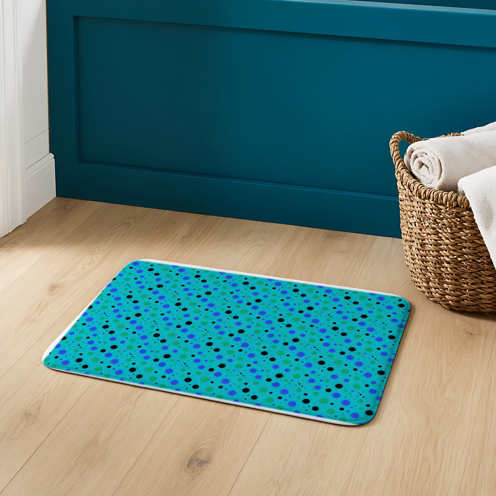 Blot Burst Bath Mat on an oak floor in a teal bathroom